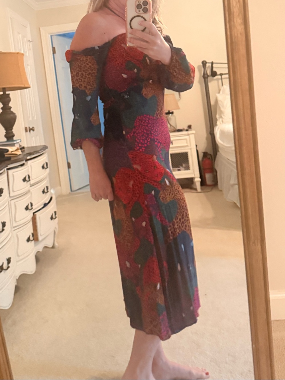 Farm Rio Rainbow Jaguar Midi Off Shoulder Dress Size XS Pristine Condition